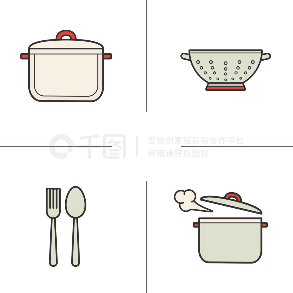 厨房与文具的彩色交集 一组图标的实用美学